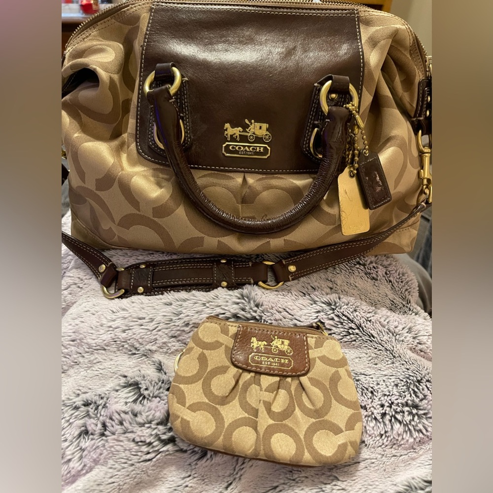 Coach brown leather tote with matching coin purse